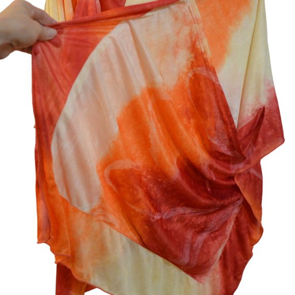 Shawl Scarf with Pouches Orange-Red-Yellow Wide White Prints Silky Wrap 70'x25' - Picture 4 of 13